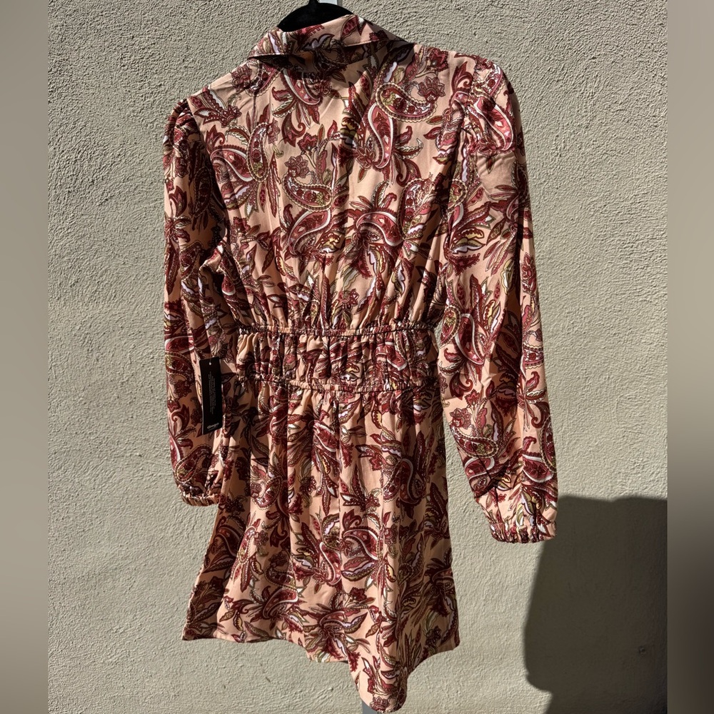NWT Blush Pink and Brown Long Sleeve Sundress with Plunge Neckline - Picture 3 of 8